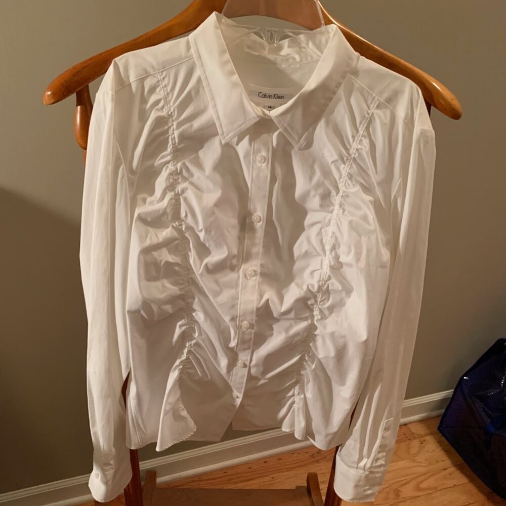 Calvin Klein white gathered button down the front shirt.